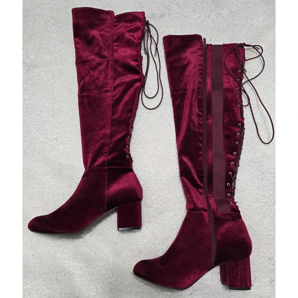 Torrid Burgundy Velvet Lace Up Back Over The Knee Boots Wide Width 9.5W 15870520